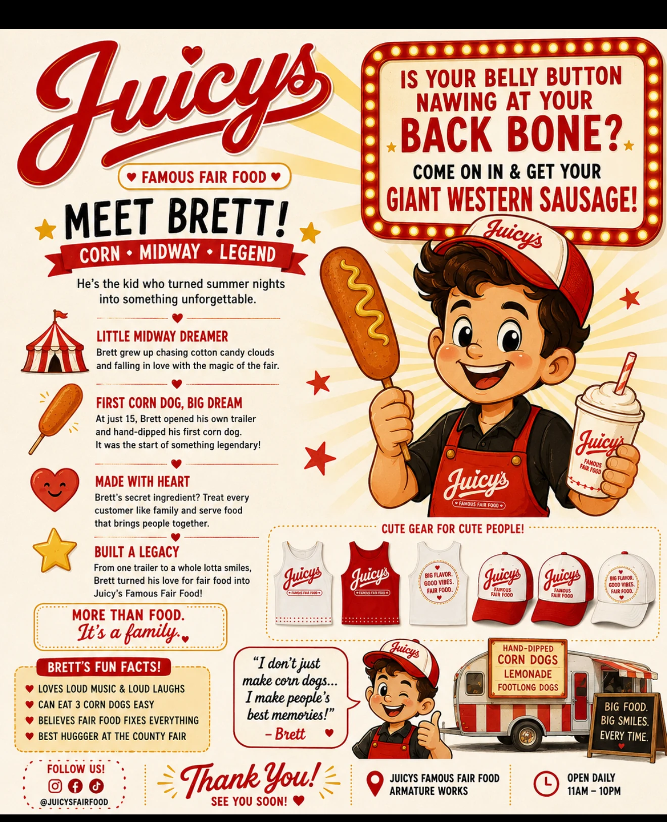 Cartoon Brett in a red-and-white hat on the supplied Juicy’s brand poster