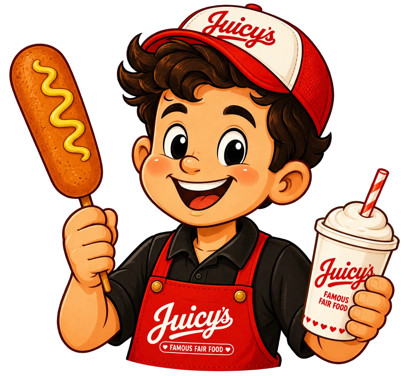 Cartoon Brett wearing a white and red Juicy’s hat, holding a corn dog and shake